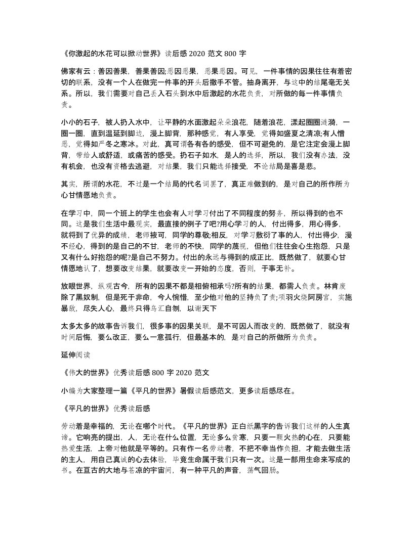 你激起的水花可以掀动世界读后感2020范文800字