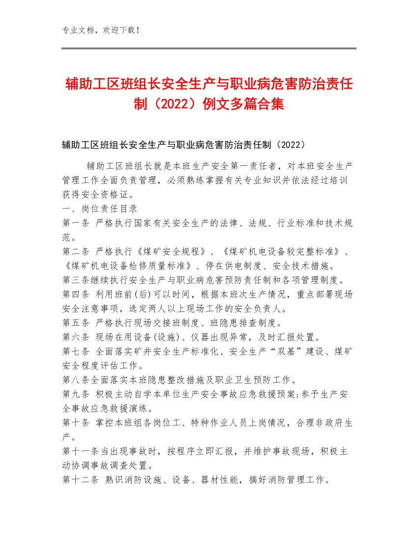 辅助工区班组长安全生产与职业病危害防治责任制（2022）例文多篇合集