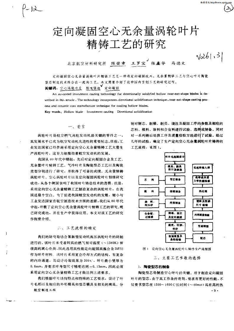 定向凝固空心无余量涡轮叶片精铸工艺的研究