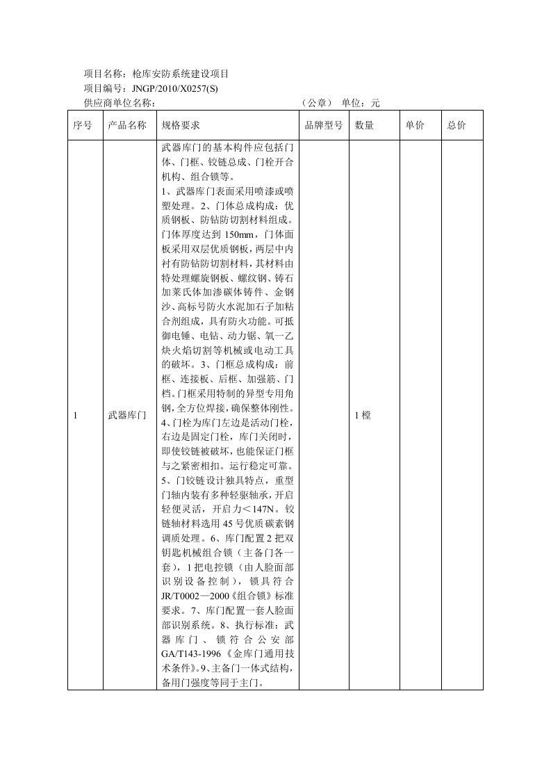 项目名称枪库安防系统建设项目