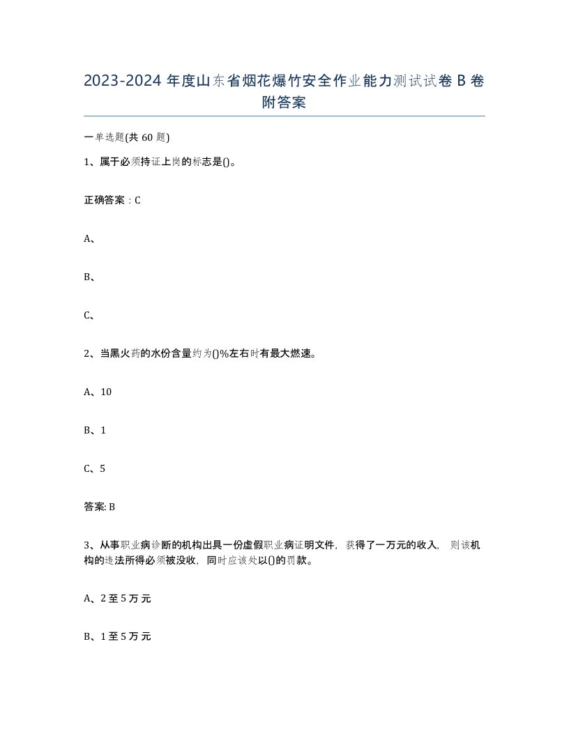 20232024年度山东省烟花爆竹安全作业能力测试试卷B卷附答案