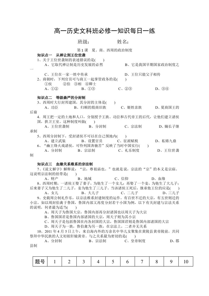 2015-2016学年高一历史知识选择题每日一练：第1课《夏、商、西周的政治制度》(人教版必修1).doc