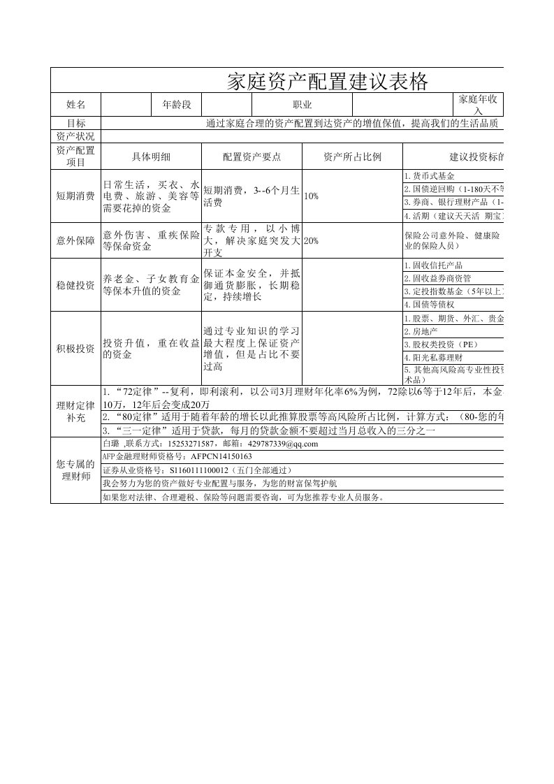 资产配置建议数据表格--模板