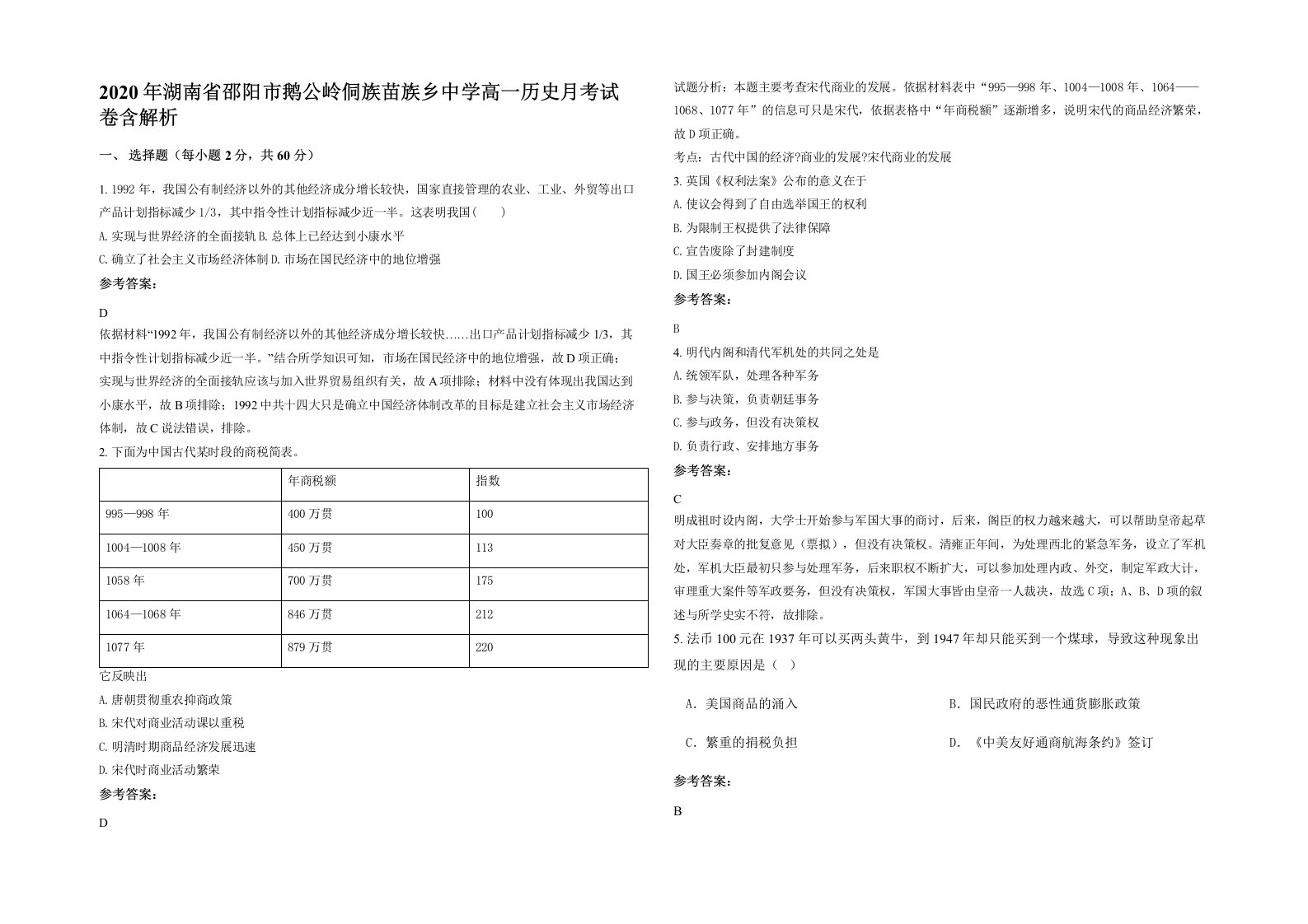 2020年湖南省邵阳市鹅公岭侗族苗族乡中学高一历史月考试卷含解析