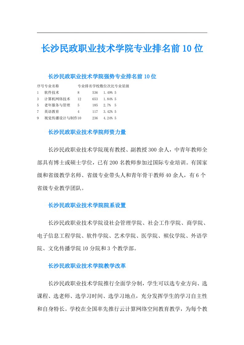 长沙民政职业技术学院专业排名前10位