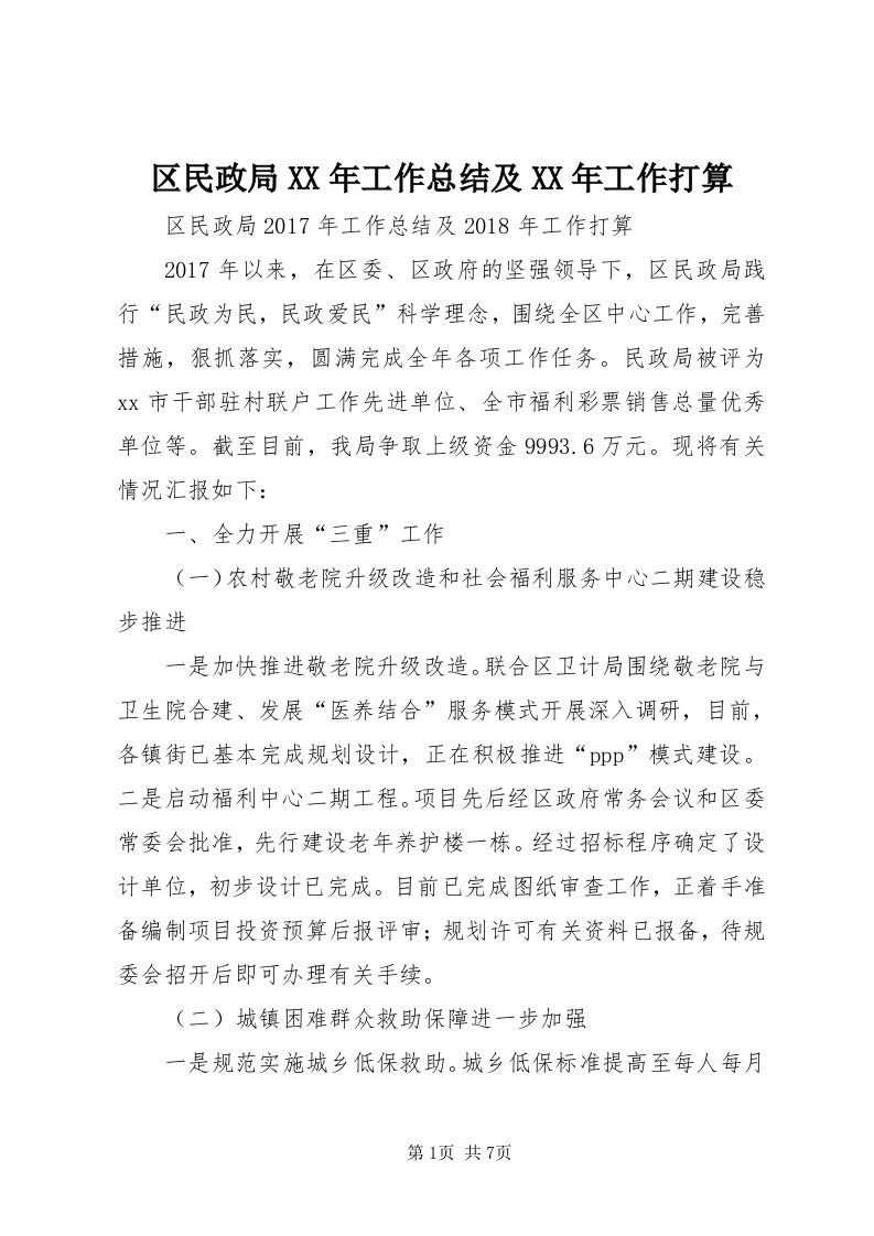 5区民政局某年工作总结及某年工作打算