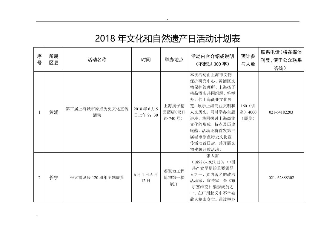 2018年文化和自然遗产日活动计划表