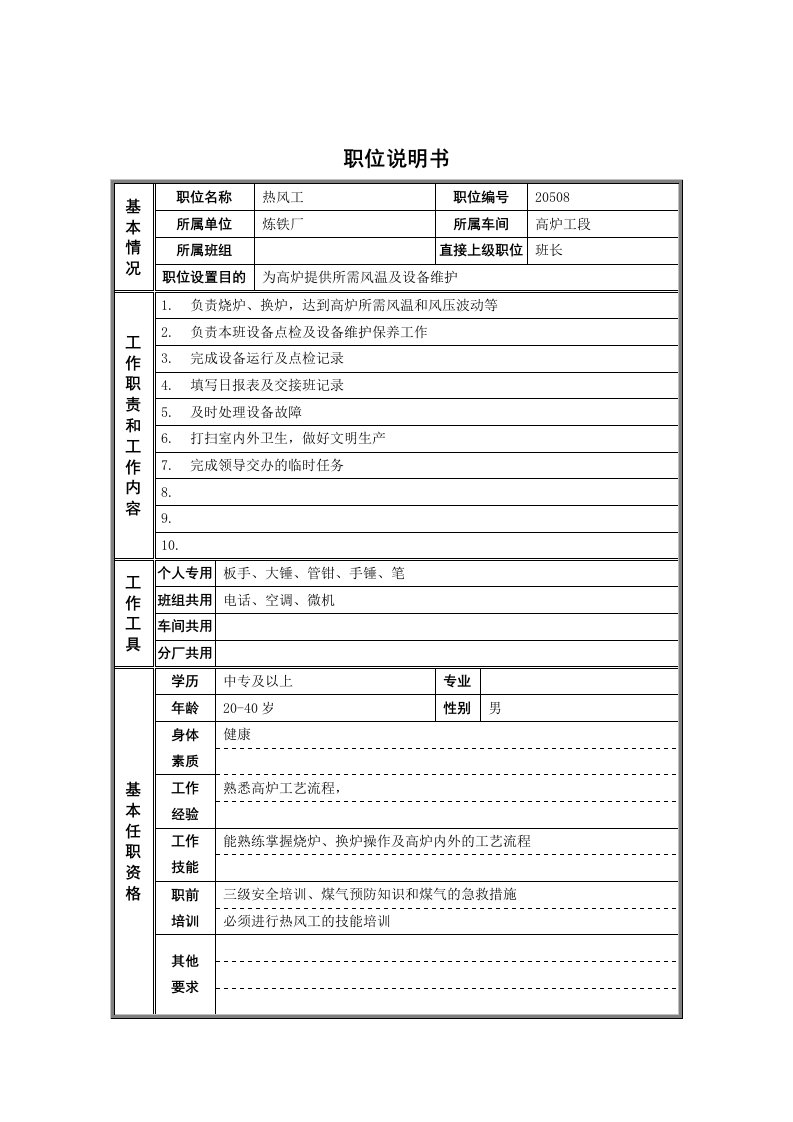 炼铁厂高炉工段热风工岗位职责