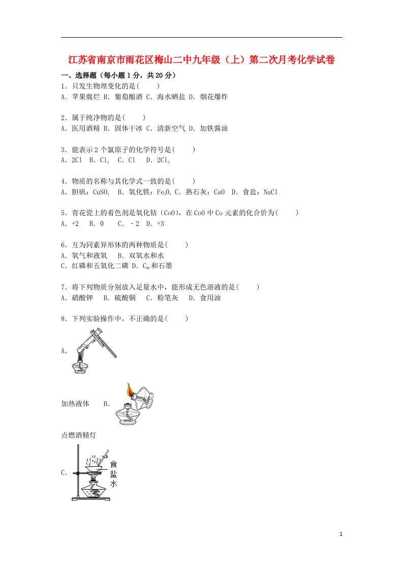 江苏省南京市雨花区梅山二中九级化学上学期第二次月考试题（含解析）