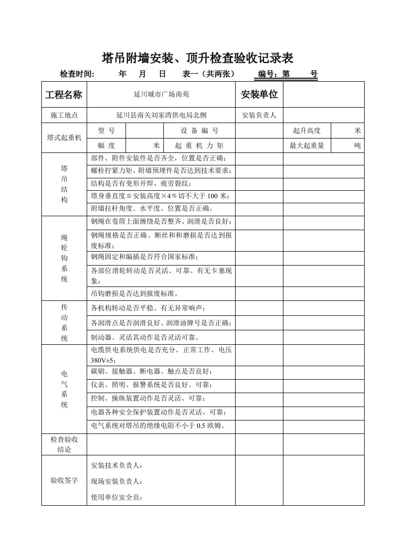 塔吊附墙安装、顶升检查验收记录表