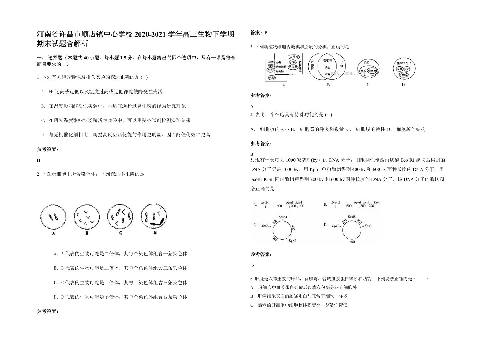 河南省许昌市顺店镇中心学校2020-2021学年高三生物下学期期末试题含解析