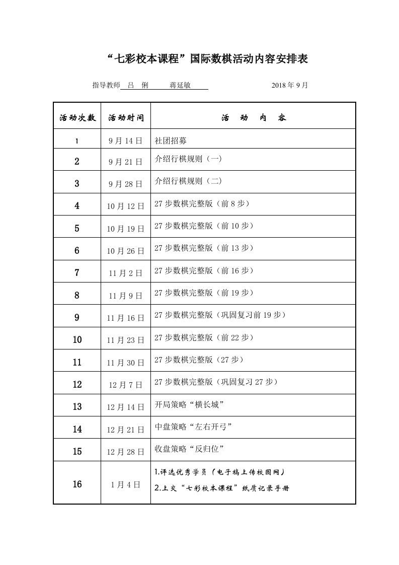 七彩校本课程国际数棋活动内容安排表