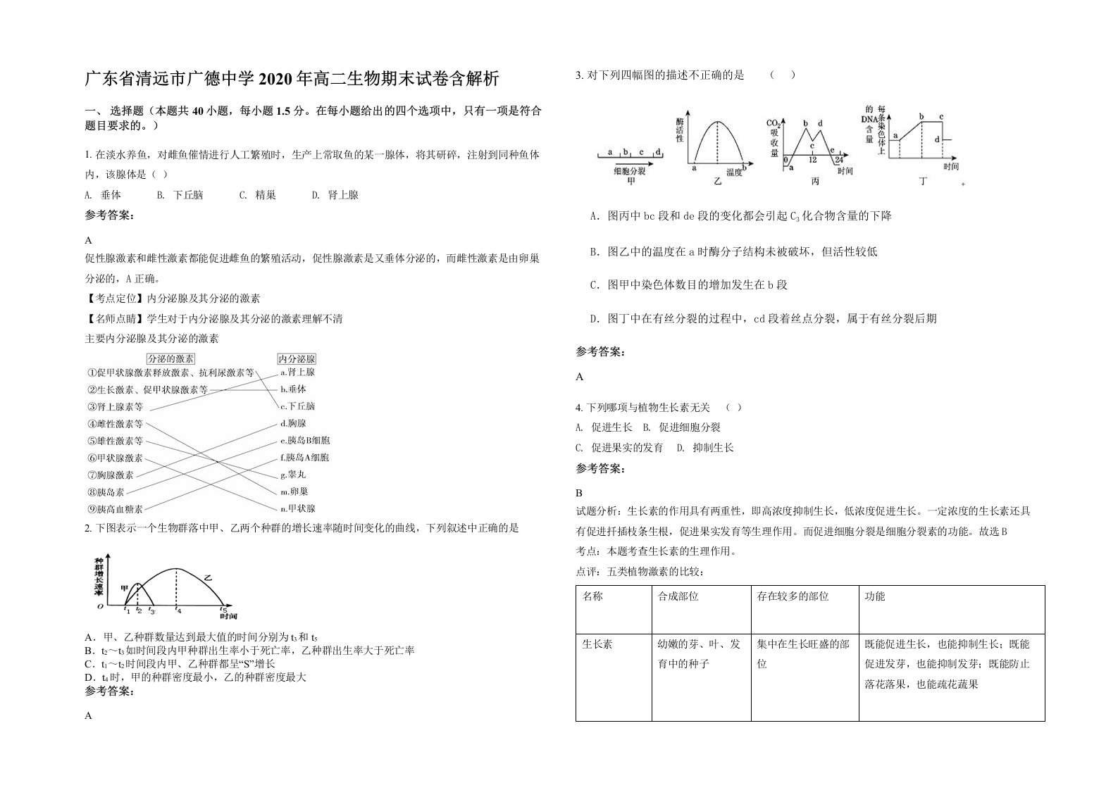 广东省清远市广德中学2020年高二生物期末试卷含解析