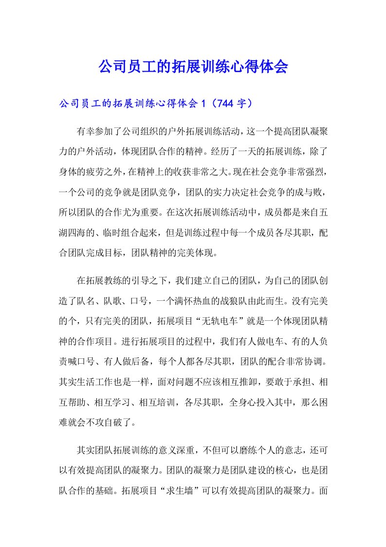 公司员工的拓展训练心得体会