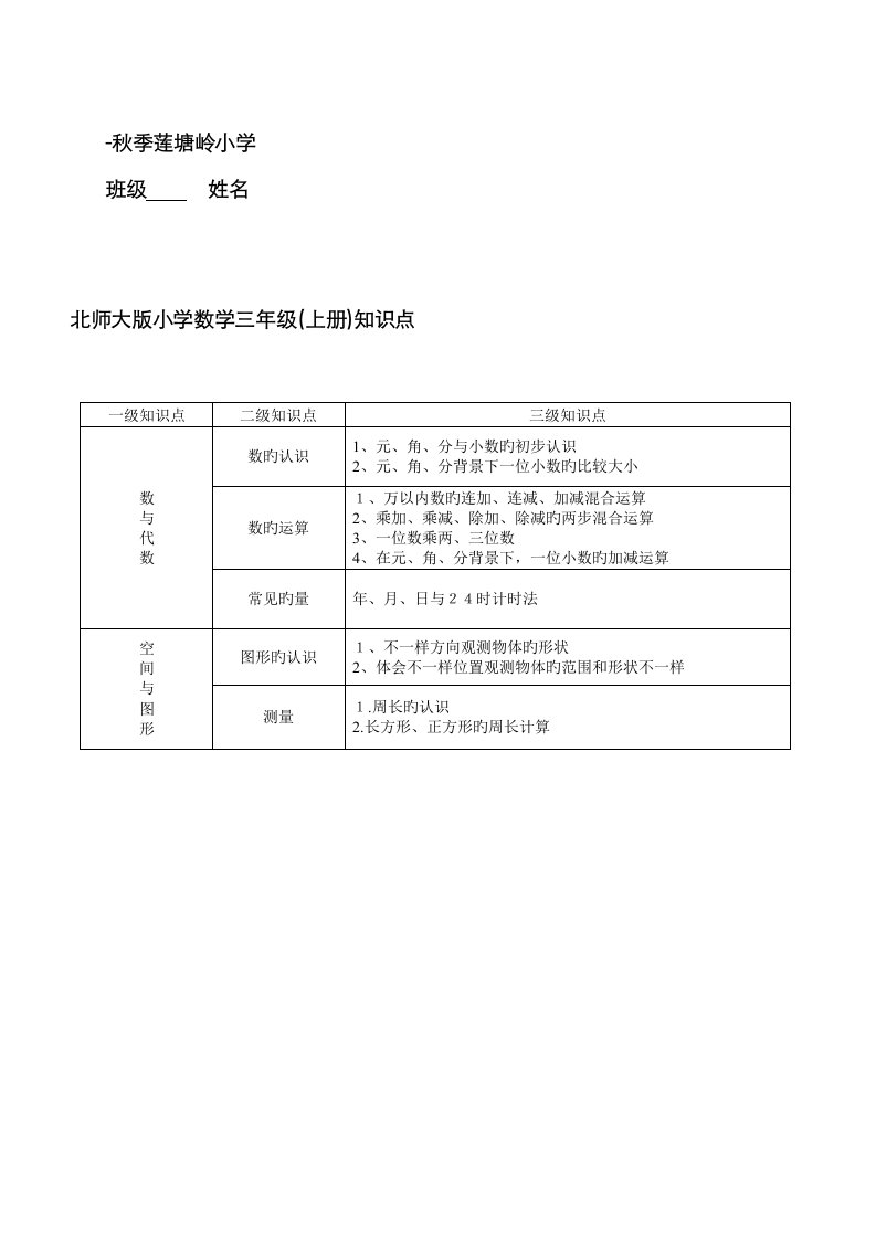 2023年北师大小学三年级数学上册知识点总结