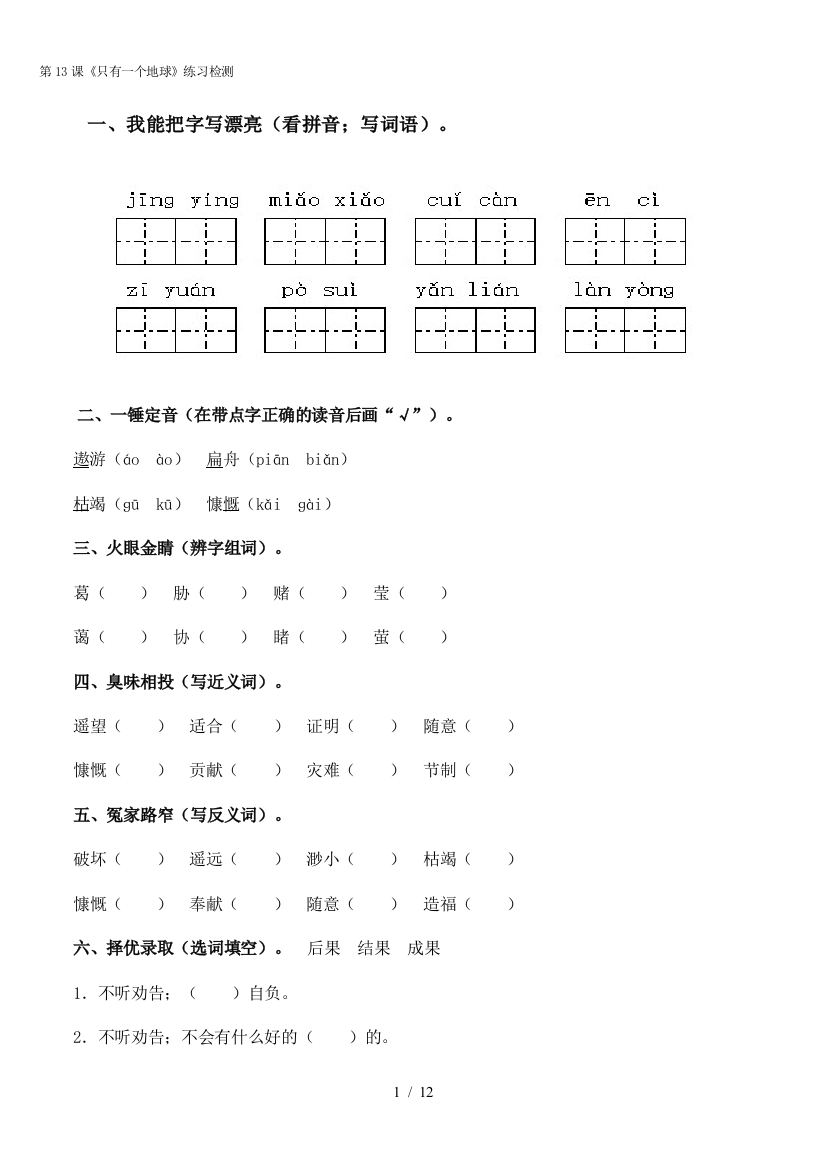 最新六年级只有一个地球练习题