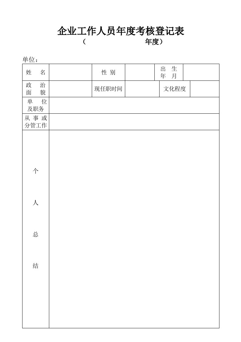 企业工作人员年度考核登记表