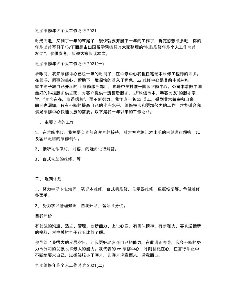 电脑维修年终个人工作总结2021