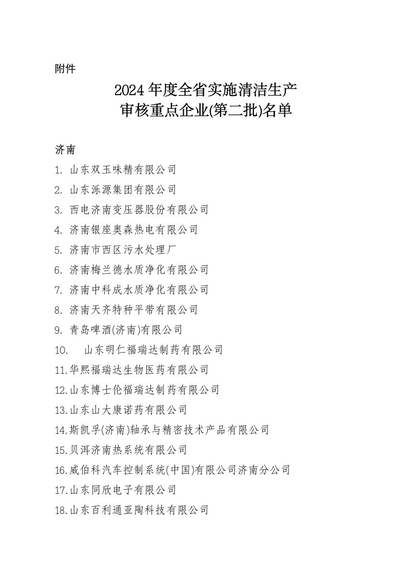 山东省2024年度全省实施清洁生产审核重点企业名单