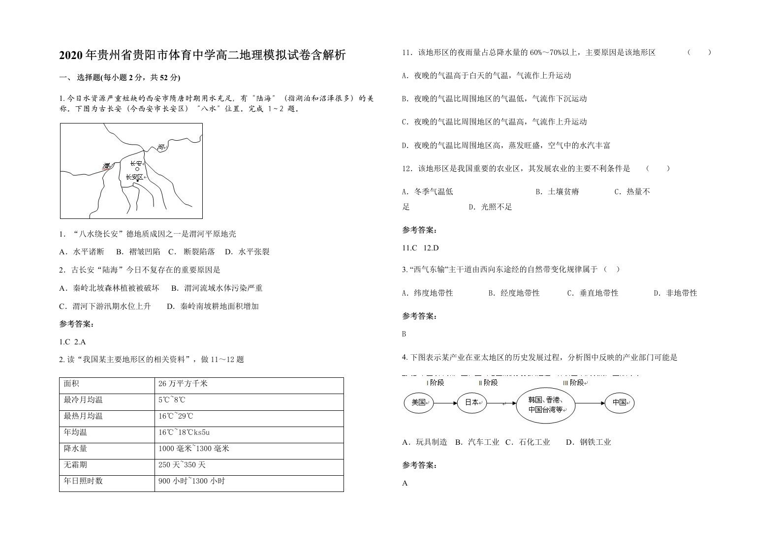 2020年贵州省贵阳市体育中学高二地理模拟试卷含解析