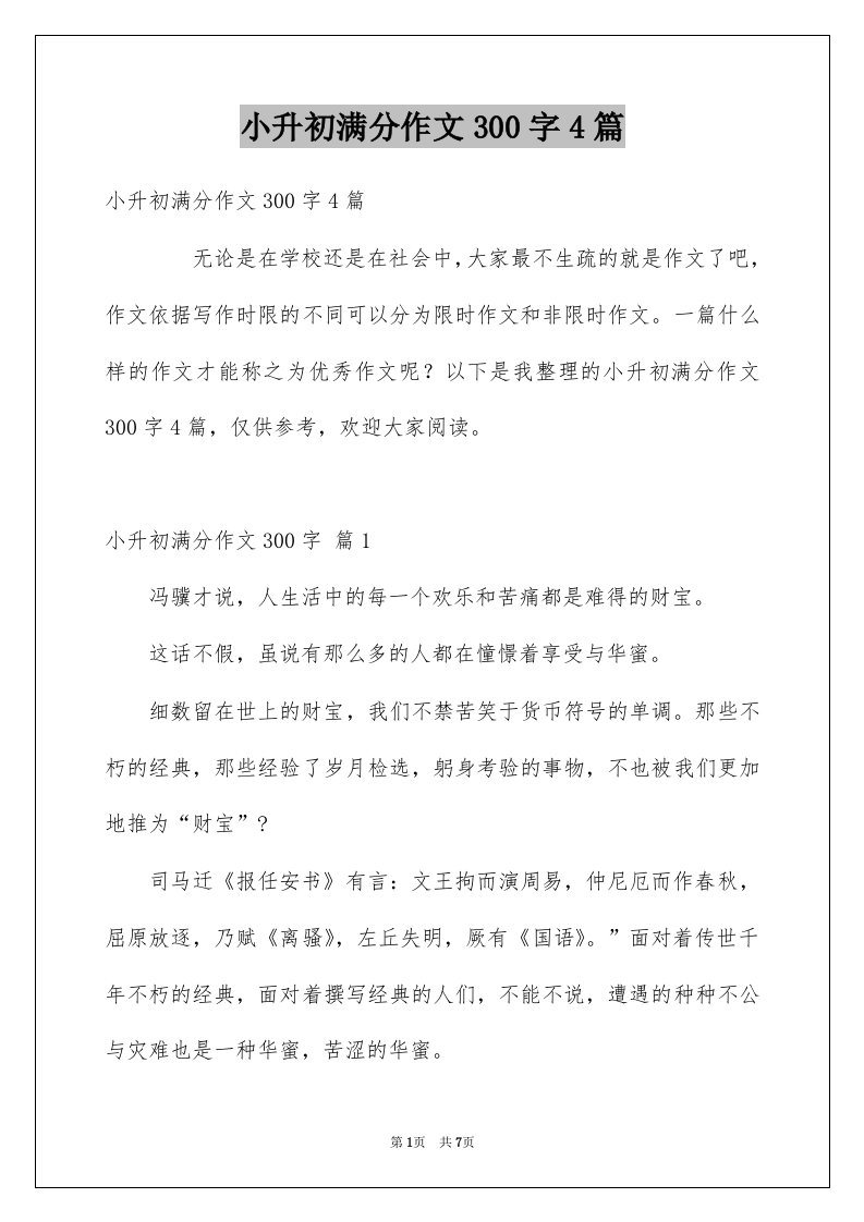 小升初满分作文300字4篇例文