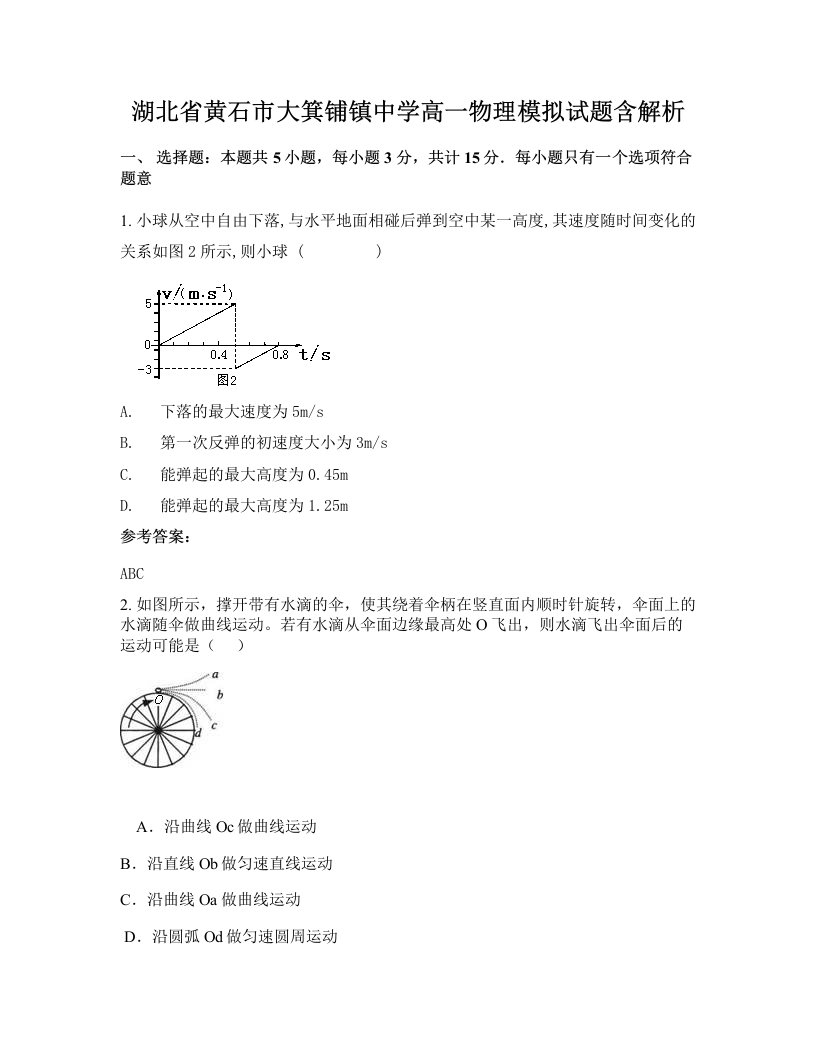 湖北省黄石市大箕铺镇中学高一物理模拟试题含解析