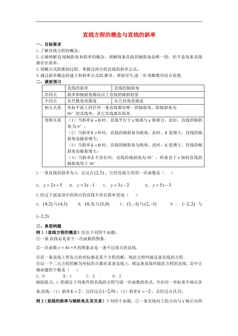 2016高中数学人教B版必修二2.2.1《直线方程的概念与直线的斜率》word学案