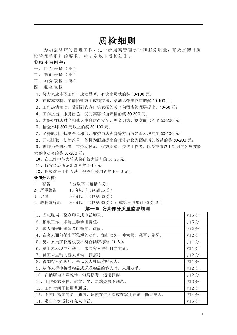 质检细则五星级酒店