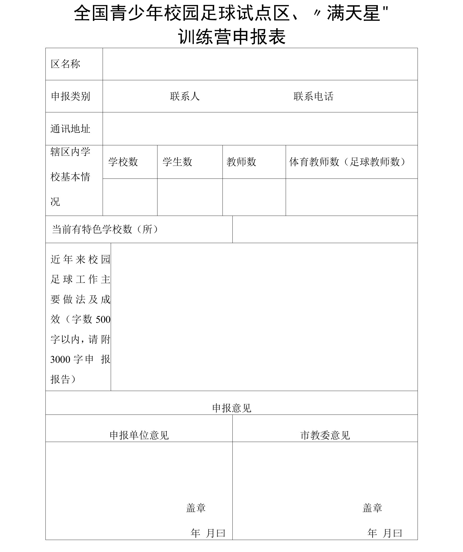 全国青少年校园足球试点区“满天星”训练营申报表