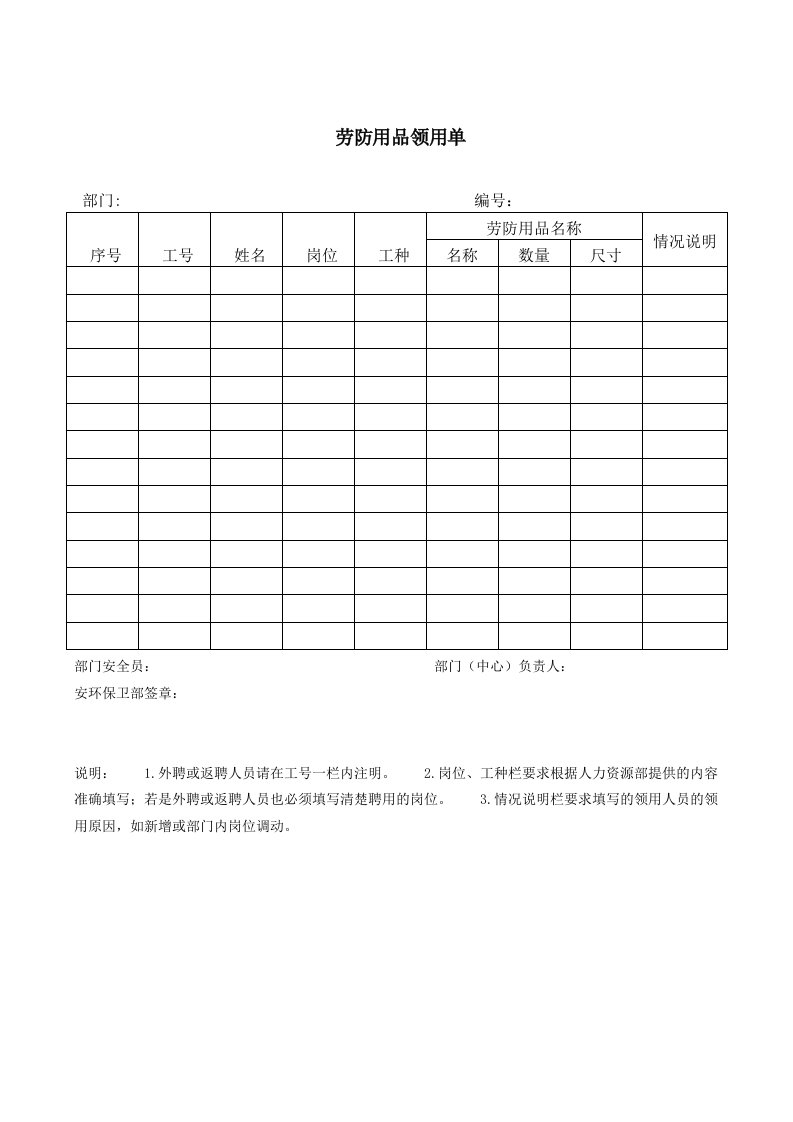 劳防用品领用单（表格模板格式）