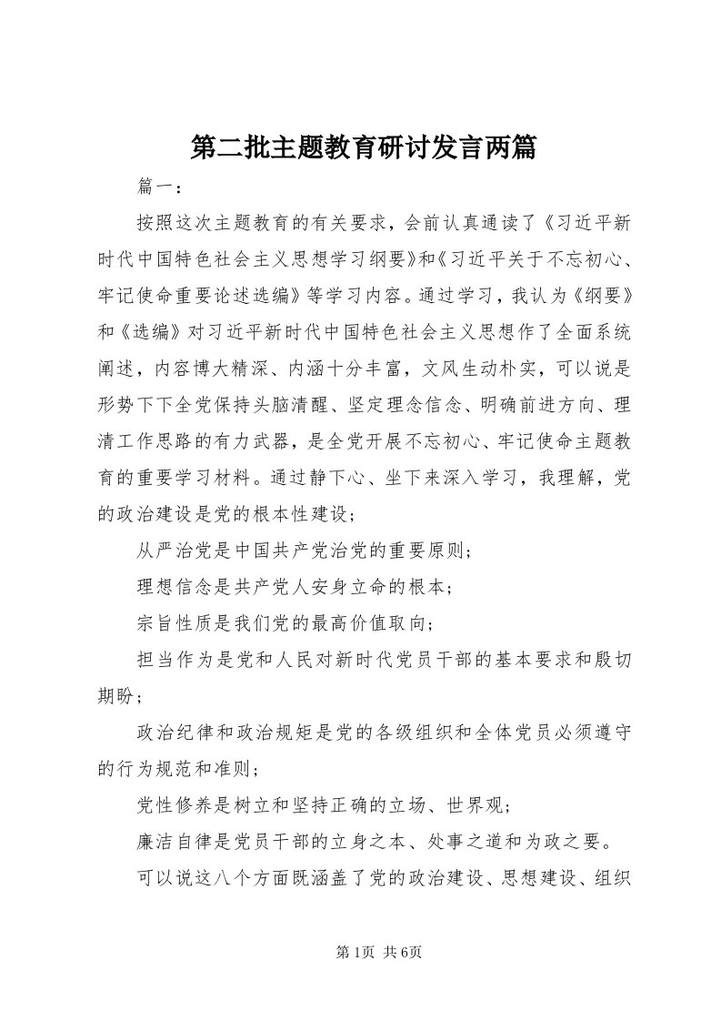 第二批主题教育研讨讲话两篇