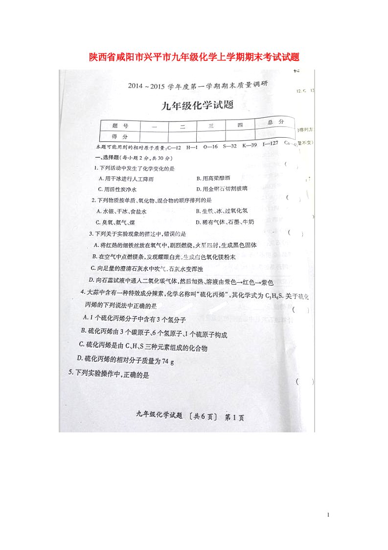 陕西省咸阳市兴平市九级化学上学期期末考试试题（扫描版）