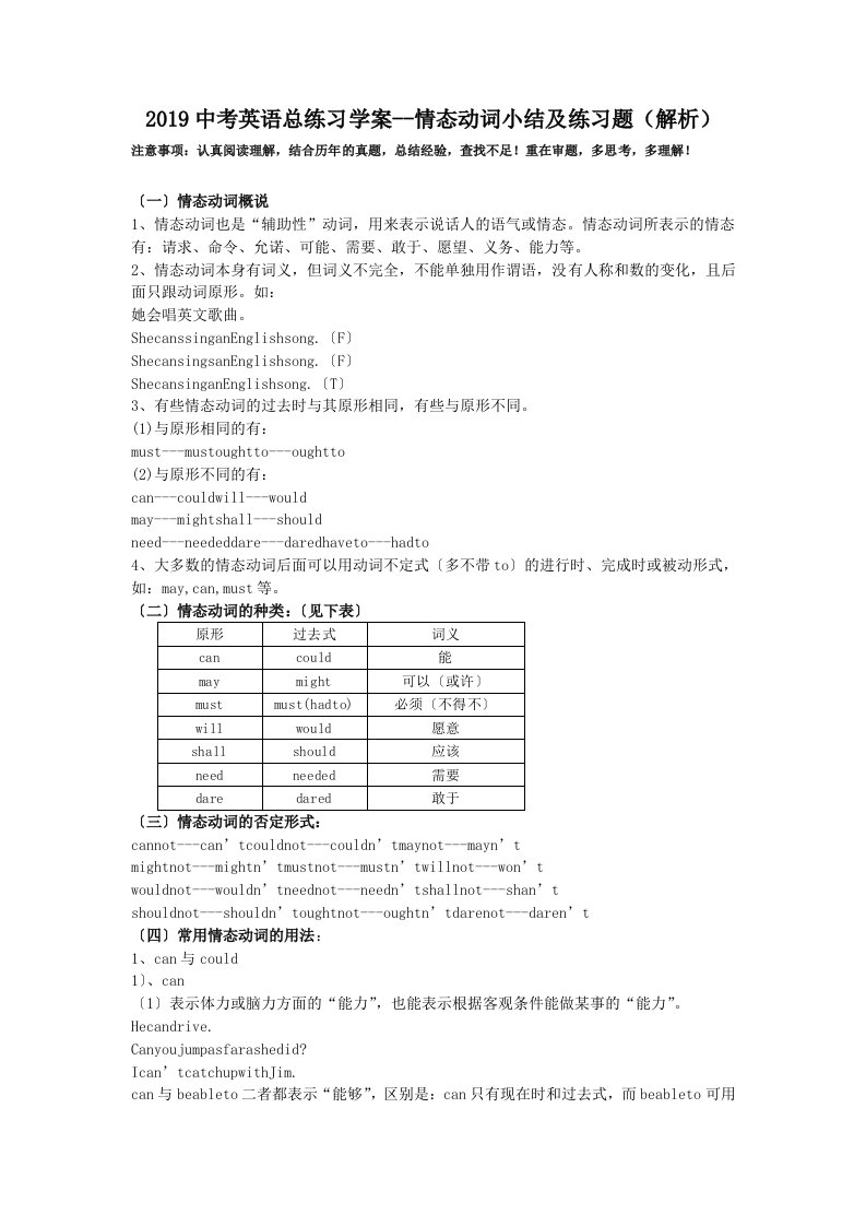 2019中考英语总练习学案--情态动词小结及练习题解析