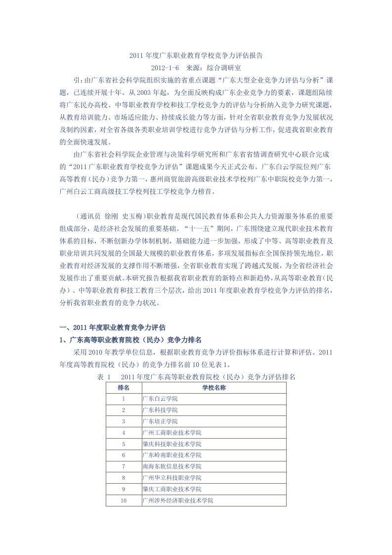 211年度广东职业教育学校竞争力评估报告