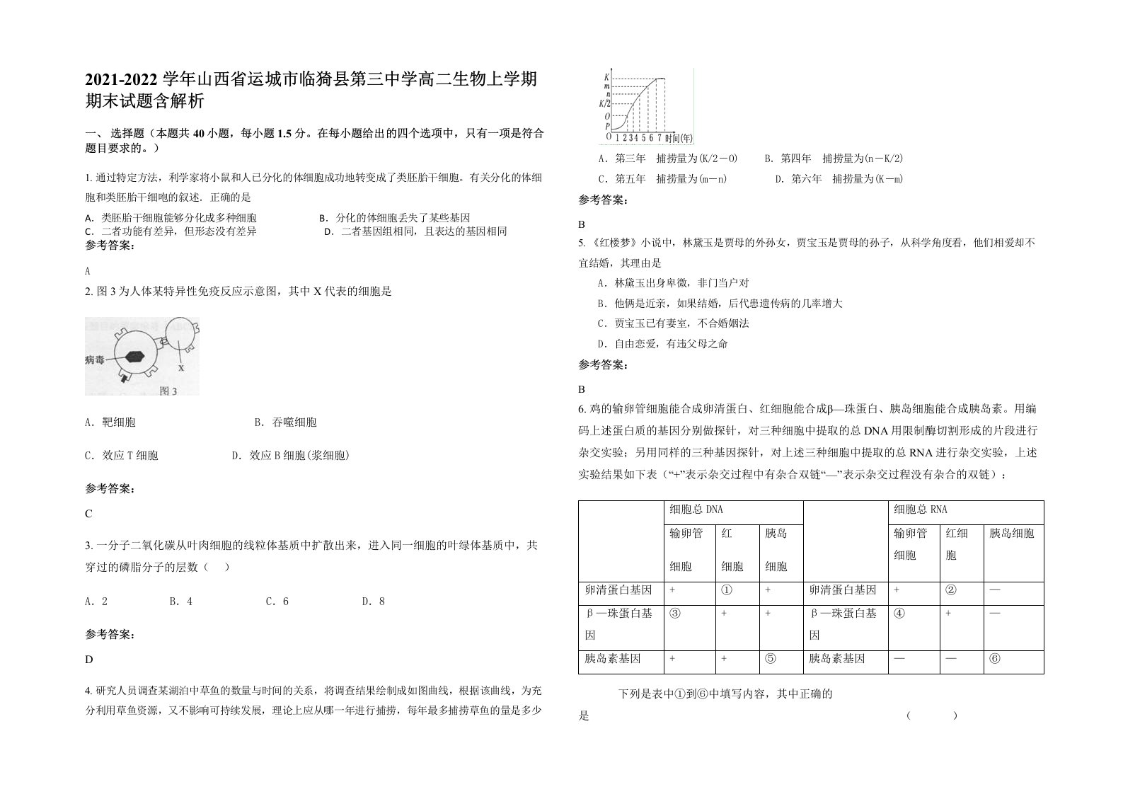 2021-2022学年山西省运城市临猗县第三中学高二生物上学期期末试题含解析