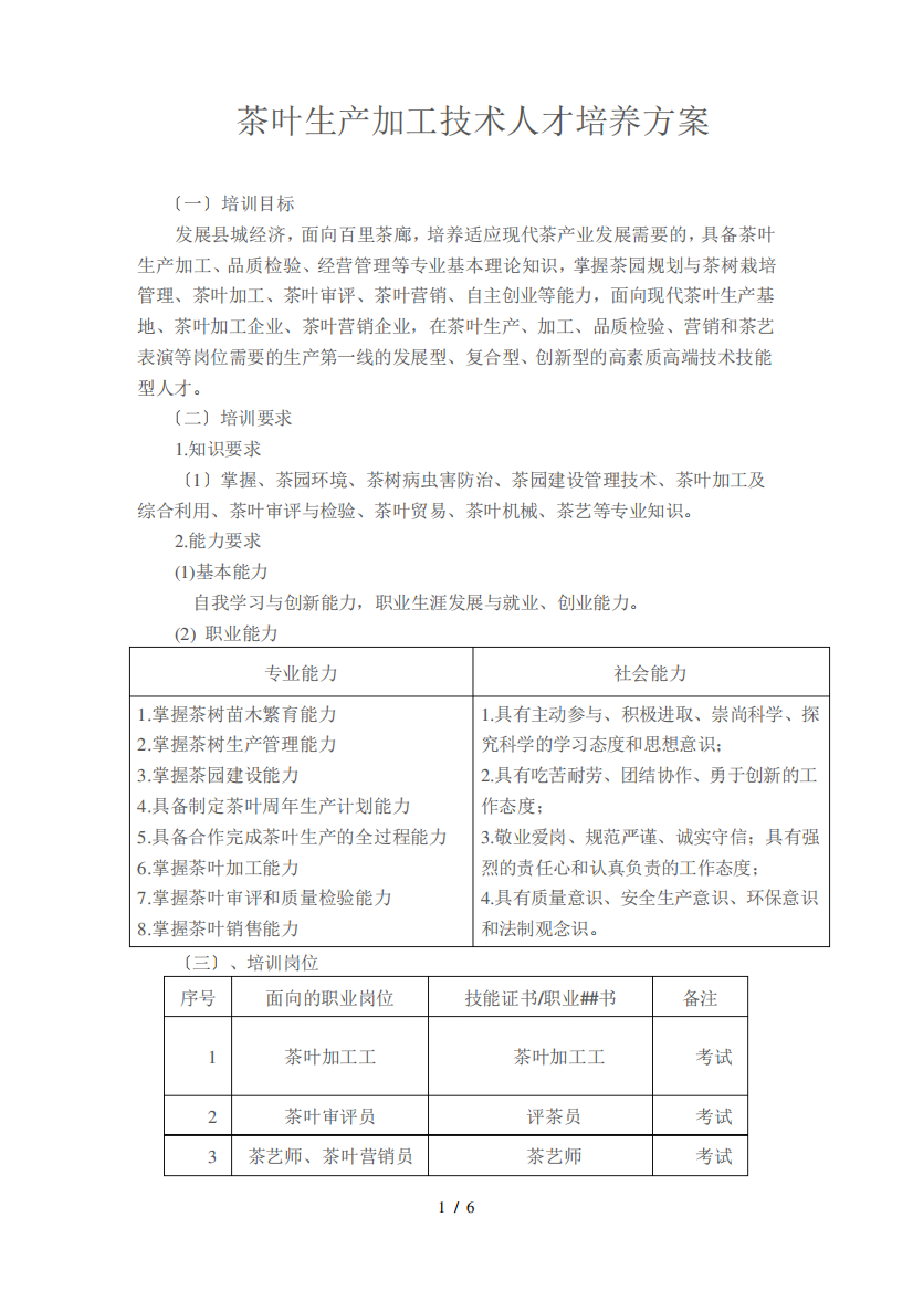 茶叶生产加工技术人才培养方案