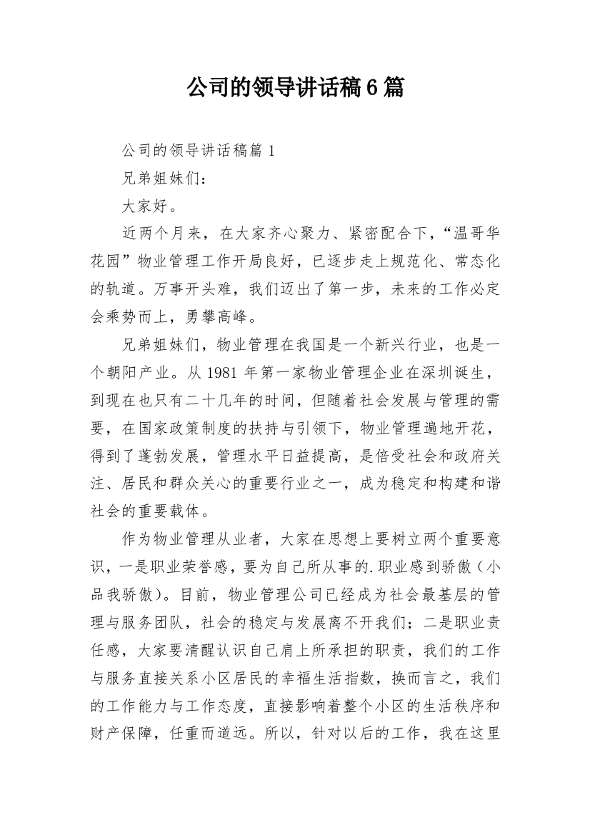 公司的领导讲话稿6篇