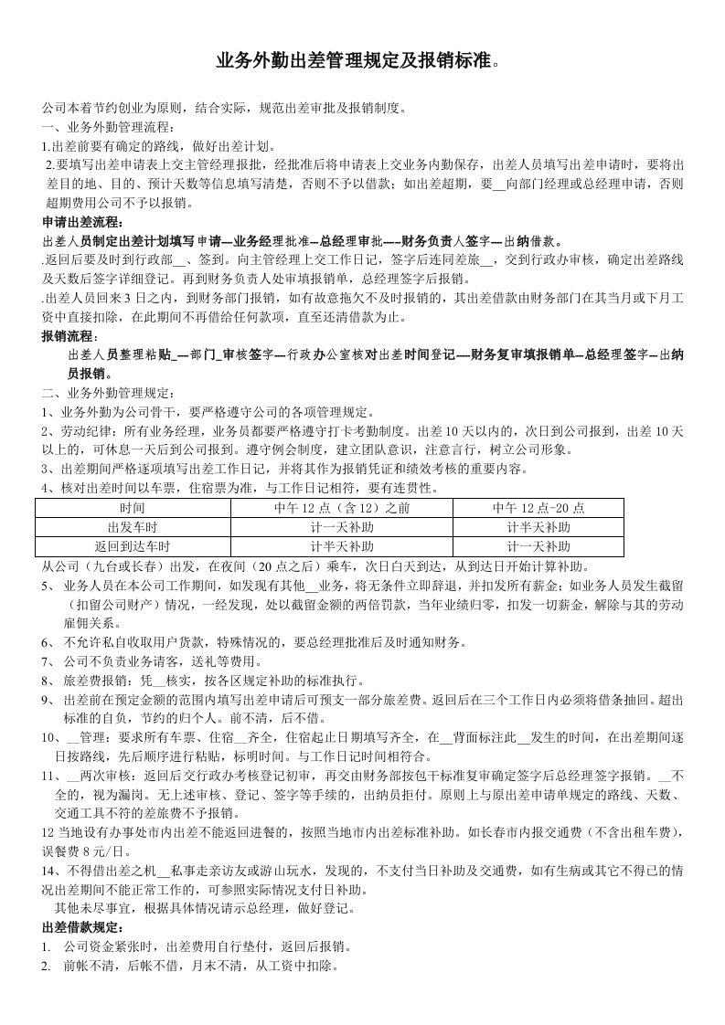 业务外勤管理规定及报销标准