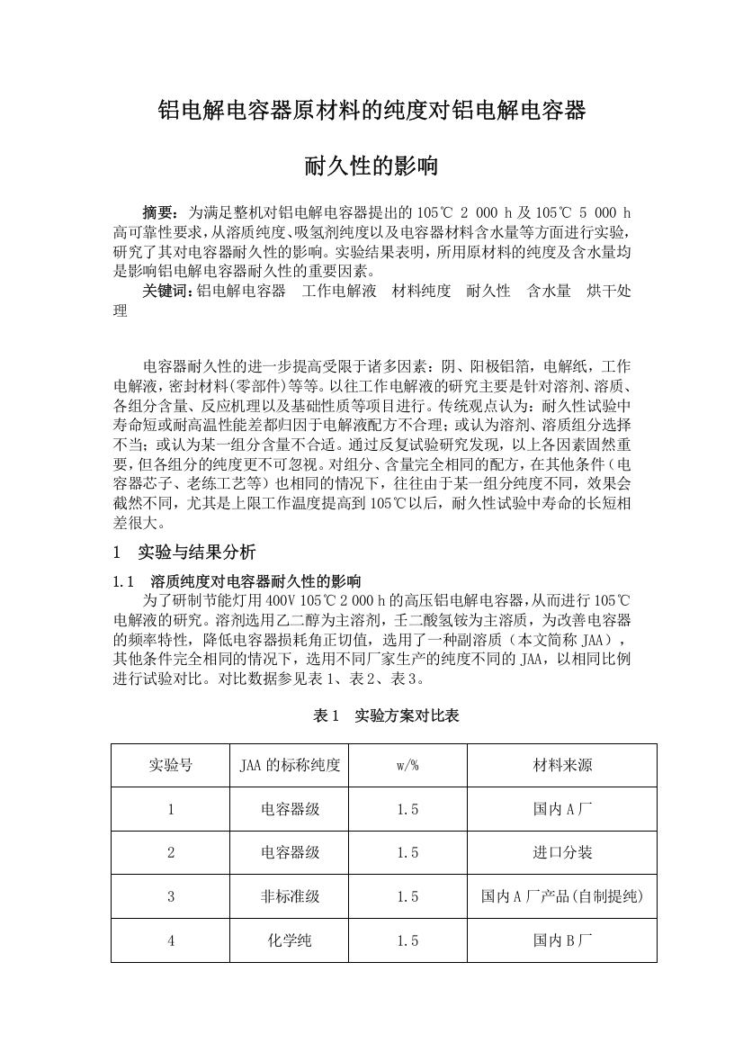 铝电解电容器原材料的纯度对铝电解电容器耐久性的影响