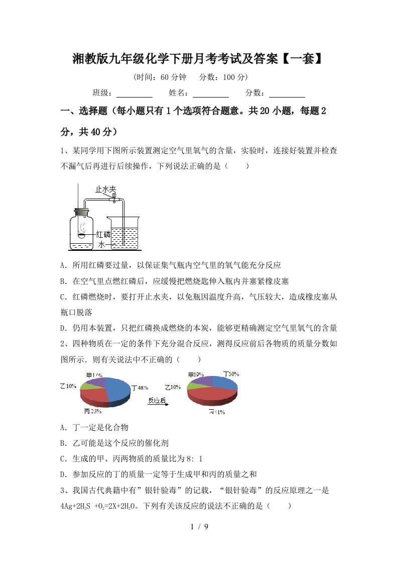 湘教版九年级化学下册月考考试及答案一套