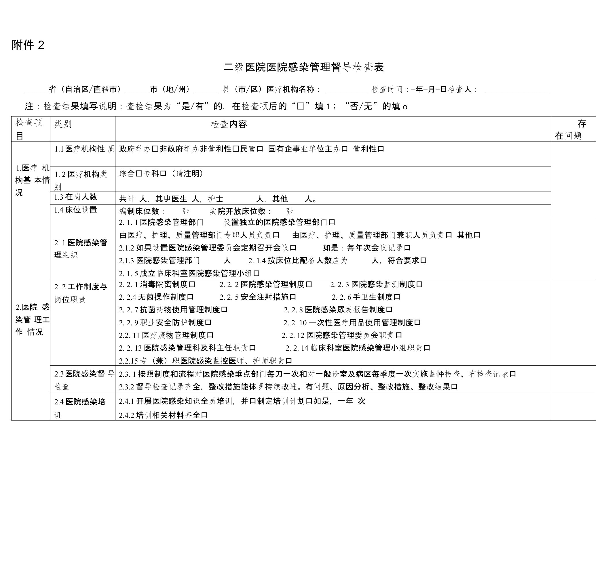 15版：二级医院和基层医疗机构医院感染督导检查表