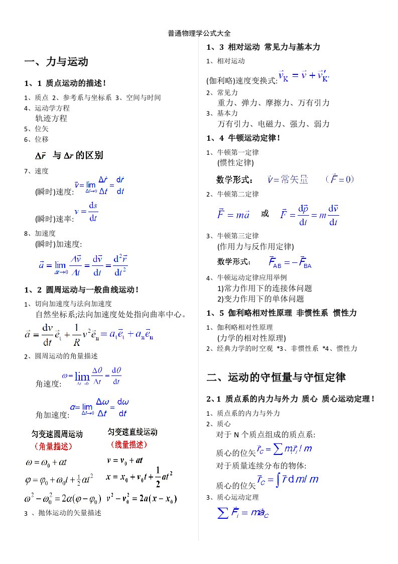 普通物理学公式大全