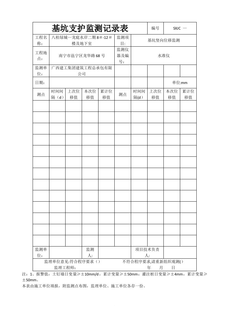 基坑支护监测记录表