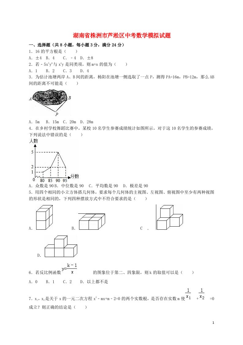 湖南省株洲市芦淞区中考数学模拟试题（含解析）