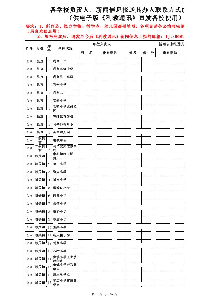 表格模板-学校负责人、新闻信息报送具办人联系方式统计表