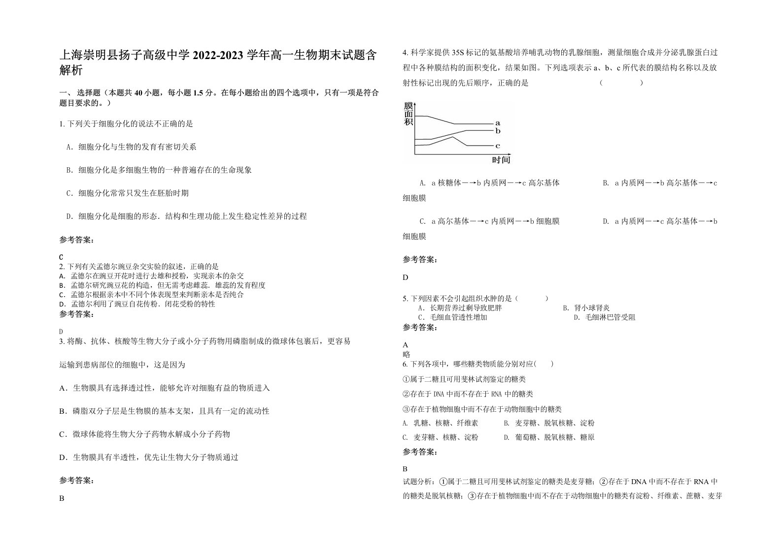 上海崇明县扬子高级中学2022-2023学年高一生物期末试题含解析