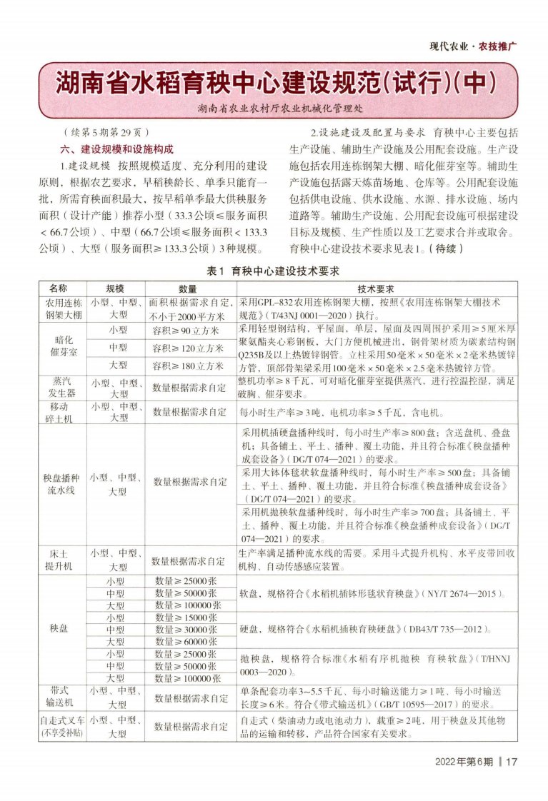 湖南省水稻育秧中心建设规范(试行)(中)