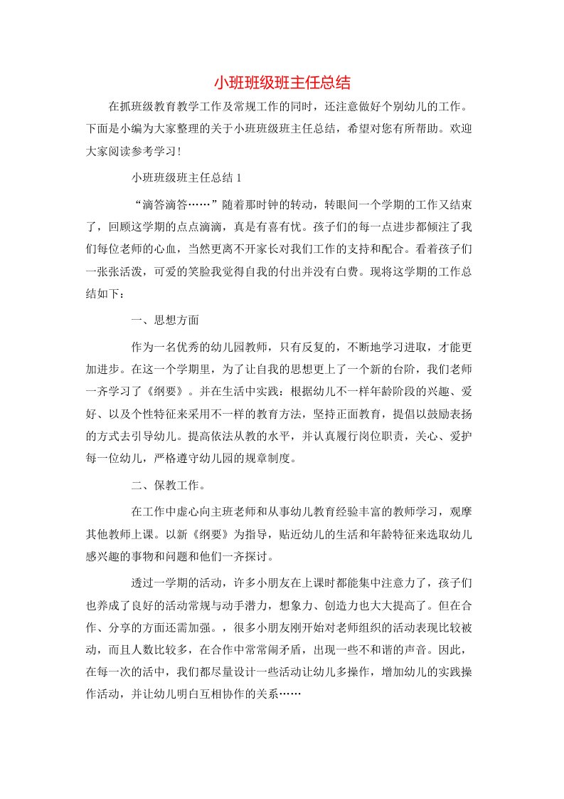 小班班级班主任总结