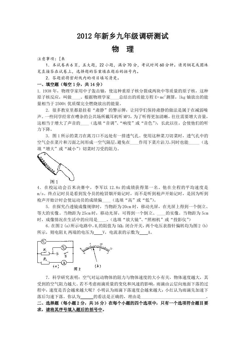 河南省新乡市2012届九年级调研测试物理试题