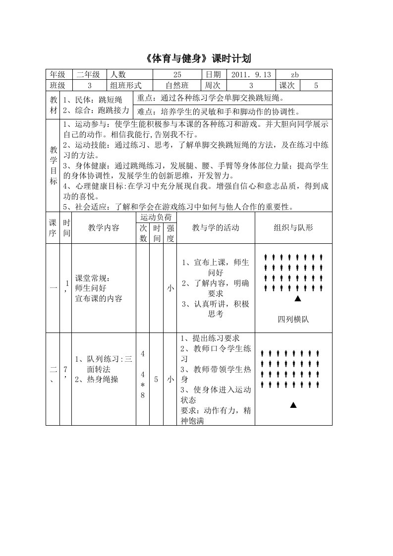 二年级跳绳体育课教案